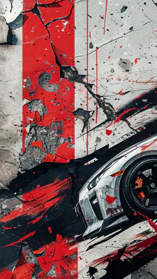 Sports Car, Wheel, Headlights, Drift, Brake Caliper, Grunge Texture, Cracked Concrete, Red and White Motif