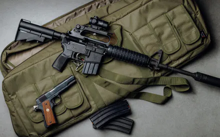 AR-15, Colt 1911, Silencer, AR-15 Magazine, Tactical Holster, Red Dot Sight, Olive Bag, Assault Rifle