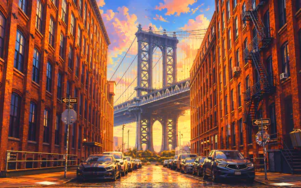 Кирпичные дома, Подвесной мост, Manhattan Bridge, Городская улица, Припаркованные автомобили, Вечернее небо, Нью-Йорк, Художественная иллюстрация, AI Art