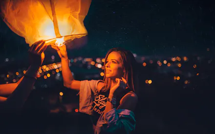 Фары, Девочка, Ночь, Город, Фонарь, Звезды, Портрет, Эмоции, Салон красоты, Атмосфера, Боке