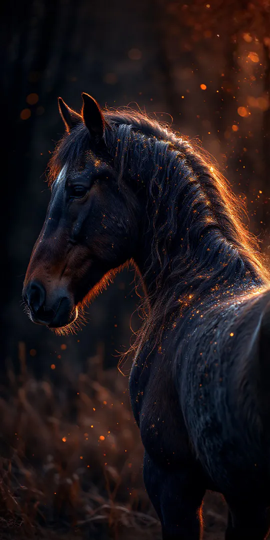 Phone wallpaper: Black horse in golden light