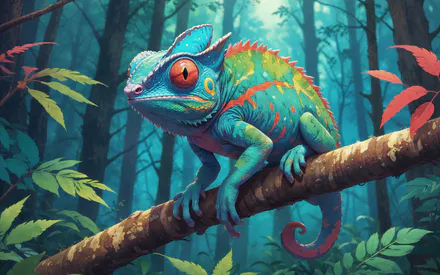 Хамелеон, Животные, Рептилии, Джунгли, Лес, Яркий, Бирюзовый, Дикая природа, Искусство