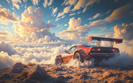 Машины, Ретро, ​​Спорткар, Облака, Небо, Фэнтези, Мечта, Горизонт, Солнце