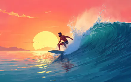 Серфинг, Волны, Океан, Закат, Виды спорта, Лето, Море, Пейзаж, Иллюстрация, Динамика