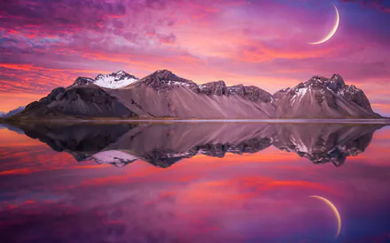 Пейзаж, Світанок, Відображення, Гори, Вода, Озеро, Місяць, Яскраві кольори, Панорама, Небо