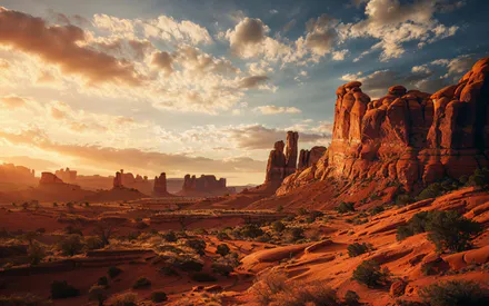 Пустеля, Скелі, Світанок, Пейзаж, Арізона, США, Величність, Червона земля