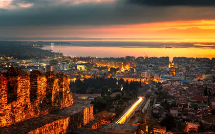 Море, Небо, Облака, Закат, Огни, Побережье, Дома, Вечер