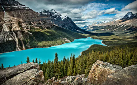 Озеро, Озеро Пейто, Гори, Пейзаж, Канада, Ліс, Засніжені вершини, Вид зверху