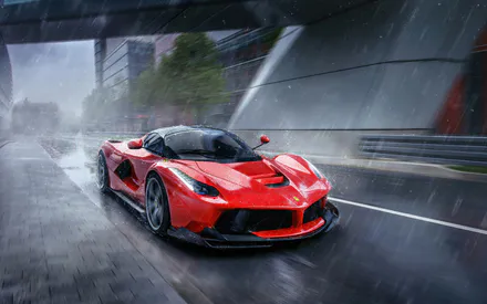 LaFerrari, Спорткар, Суперкар, Червоний, Дощ, Мокра дорога, Місто, Швидкість, Гіперкар