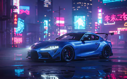 AI Art, Toyota Supra, Cyberpunk, Neon, Blue Car