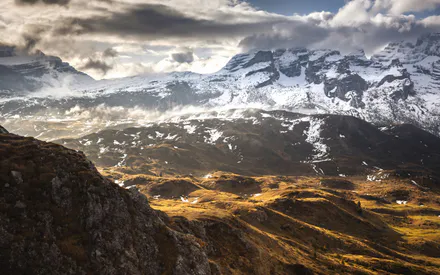 Пейзаж, Горы, Снег, Облака, Солнце, Долина, Осень, Природа, Драма, Эпопея, Макро