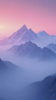 Пейзаж, Горы, Туман, Туман, Рассвет, Градиент, Розовый, Фиолетовый, Синий, Природа, Вертикаль, Минимализм
