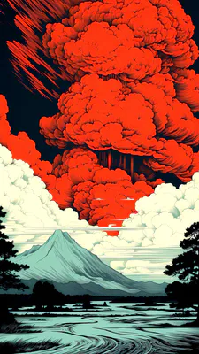 Красный, Искусство, Иллюстрация, Взрыв, Гора, Пейзаж, Облако, Стилизация, Драматические, Аниме, Иллюстрации