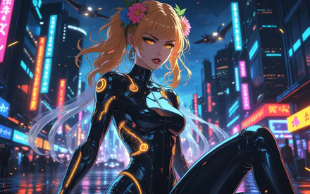 Anime Girl, Anime, Girl, Cyberpunk, Cybergirl, Flower, Suit, Neon, Genshin Impact, Genshin