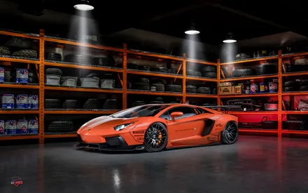 Lamborghini Aventador, Оранжевый, Суперкар, Спортивный автомобиль, Автомобиль, Гараж, Вид сбоку