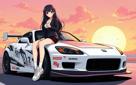 Honda, Honda S2000, Honda S2K, Anime, Anime Girl, Sun, Road