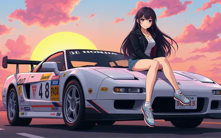 Honda, Honda NSX, Road, Sun, Anime, Anime Girl, Clouds