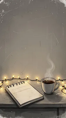 Кофе, Гирлянды, Тетрадь, Серый, Минимализм, Эстетика, Фон, Обои на телефон