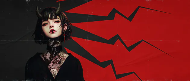 Horns, Red Eyes, Tattoo, Gothic, Portrait, Choker, Earrings, Black and Red, AI Art, Ultrawide