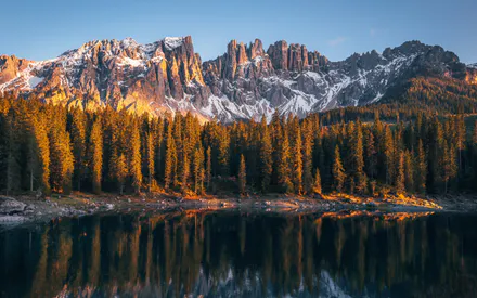 Forest, Sunlight, Rocky Peaks, Snow, Reflection, Coniferous Forest, Mirror Water