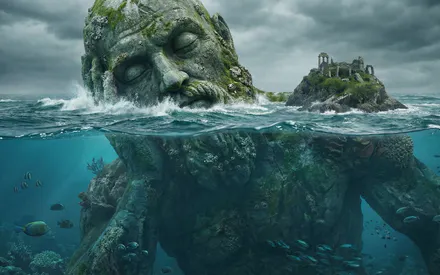 Подводный, Статуя, Остров, Руины, Кораллы, Рыбы, Сюрреализм, AI Art