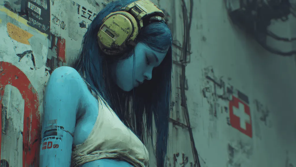 Обои на рабочий стол: Синяя девушка в наушниках