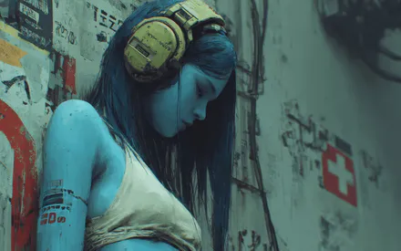 Кіборг, Кіберпанк, Портрет, Меланхолія, Цифровий живопис, Стріт-арт, Пошарпана стіна