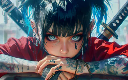 Аниме, Катана, Татуировка, Голубые волосы, Красный наряд, Пирсинг, Большие глаза, Киберпанк, AI Art