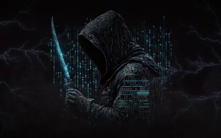 Капюшон, Световой меч, Цифровой код, Хакер, Темный силуэт, Бинарные символы, Глитч-эффект, Amoled