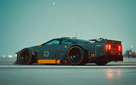 Футуристический, Суперкар, Гоночный, Неоновая подсветка, Вечерний пейзаж, Низкий ракурс, 3d-рендер, Киберпанк, AI Art