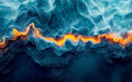 Цифровое искусство, Сине-оранжевое, Световая линия, Волнообразные контуры, Частицы, Текстура, Абстрактные формы, AI Art