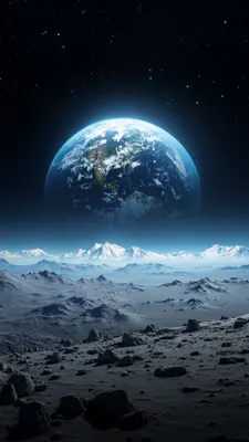 Планета, Космос, Зоряне небо, Місяцеподібна поверхня, Ледяні гори, Місячний ландшафт, Наукова фантастика, Кам’янистий рельєф, Amoled, AI Art