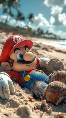 Nintendo, Ігровий персонаж, Ігри, Пісок, Пальми, Реалістична ілюстрація, Літній настрій, Прибій, AI Art