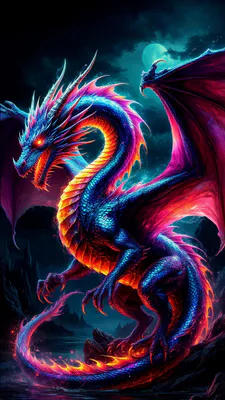 Фентезі, Вогонь, Яскраві кольори, Крила, Місяць, Нічний пейзаж, Скелі, Амолед, AI Art