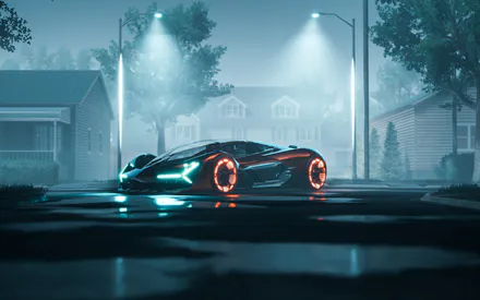 Футуристичний автомобіль, Неонове освітлення, Вологий асфальт, Передмістя, Вуличні ліхтарі, Концепт-кар, Киберпанк атмосфера, AI Art