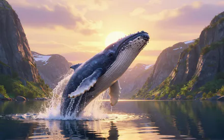 Кит, Фіорд, Гори, Вода, Бризки, Заход сонця, Віддзеркалення, Дикі тварини, AI Art