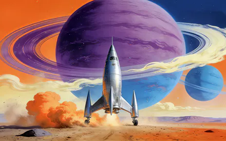 Ракета, Кольца, Планеты, Ретрофутуризм, Пылевые облака, Пустыня, Яркие цвета, Иллюстрация, AI Art