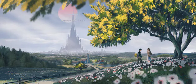 Фантазия, Иллюстрация, Замок, Дерево, Цветы, Пара, Пейзаж, Розовая луна, Ultrawide