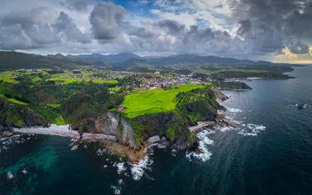 Rocks, Ocean, Cloudy Sky, Green Fields, Village, Coastline, Panorama