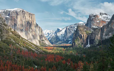El Capitan, Half Dome, Bridalveil Fall, Снеж, Хвойный лес, Осенний цвет, Национальный парк