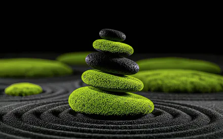 Мох, Камни, Сад, Минимализм, 3d-рендер, Гладкая поверхность, Черный фон, Amoled, AI Art