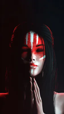 Дівчина, Портрет, Бойовий розпис, Червоно білий, Містика, Темна естетика, Азійський стиль, Художній портрет, Мінімалізм, Драматичне світло