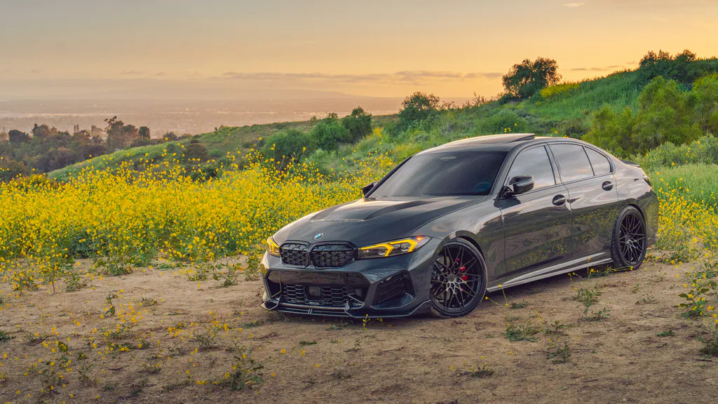 Шпалери для робочого столу: BMW на квітковому полі на заході сонця