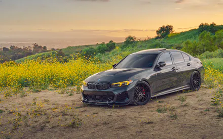 Bmw, Car, Sports Sedan, Tuning, Black Car, Auto, Nature, Field of Victories, Sunset, Automotive Landscape
