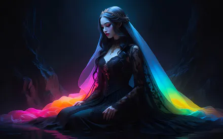 Фентезі, Принцеса, Темна естетика, Радужне світло, Магія, Містична дівчина, Цифрове мистецтво, Неонові кольори, Фантазійний персонаж, Amoled