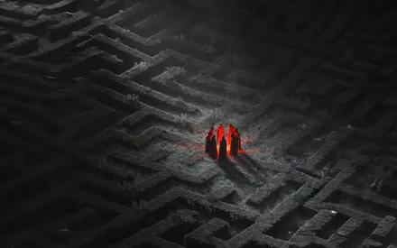 Лабіринт, Темний лабіринт, Містичний лабіринт, Загадкове місце, Темна атмосфера, Червоний світло, Фігури в плащах, Культ, Містика, Темне мистецтво, Фантастика, Хорор, Темний пейзаж, Сюрреалізм, Таємниця, Цифрове мистецтво