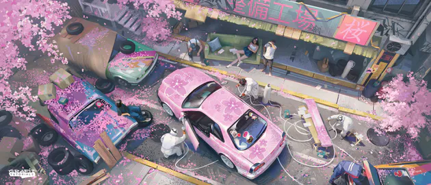 Сакура, Японська вулиця, Японський стиль, Японське місто, Аніме стиль, Японська культура, Рожеві квіти, Весна, Вишневий цвіт, Японська атмосфера, Міський пейзаж, Автомобіль, Тюнінг авто, Вуличне мистецтво
