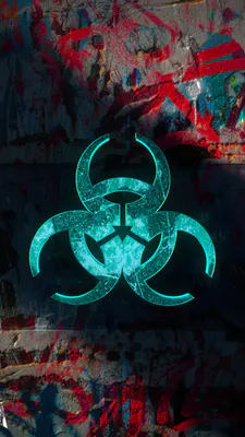 Біологічна опасность, Biohazard, Неоновий символ, Темний фон, Кіберпанк, Постапокаліпсис, Графіті стиль, Урбан арт, Цифрове мистецтво, Amoled