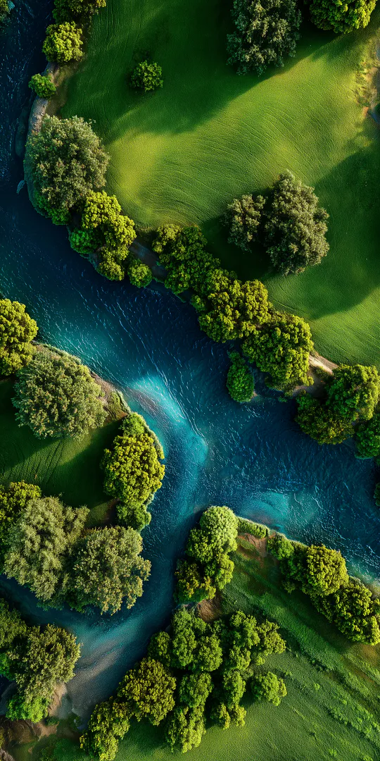 Шпалери на телефон: Річка серед зеленого лісу з висоти