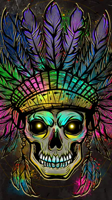 Череп, Племінний череп, Індіанський головний убір, Пір’я, Індіанська культура, Кольоровий череп, Неонові кольори, Темне мистецтво, Цифрове мистецтво, Містика, Готична естетика, Фантастичний стиль, Арт ілюстрація